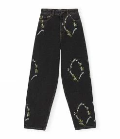 GANNI Pantalon Denim Organique Broderies Noir Délavé
