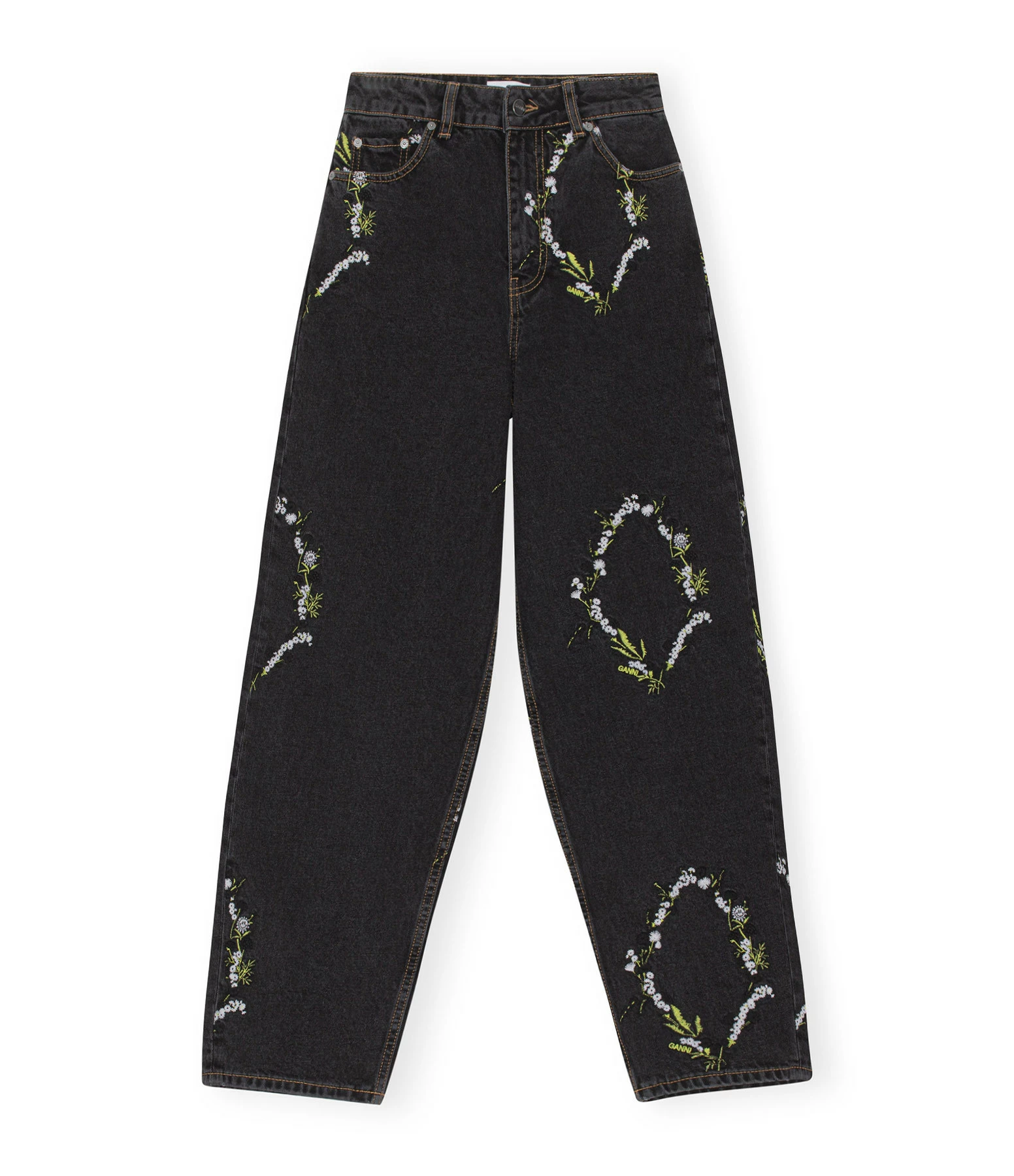 GANNI Pantalon Denim Organique Broderies Noir Délavé 1 GANNI Pantalon Denim Organique Broderies Noir Délavé