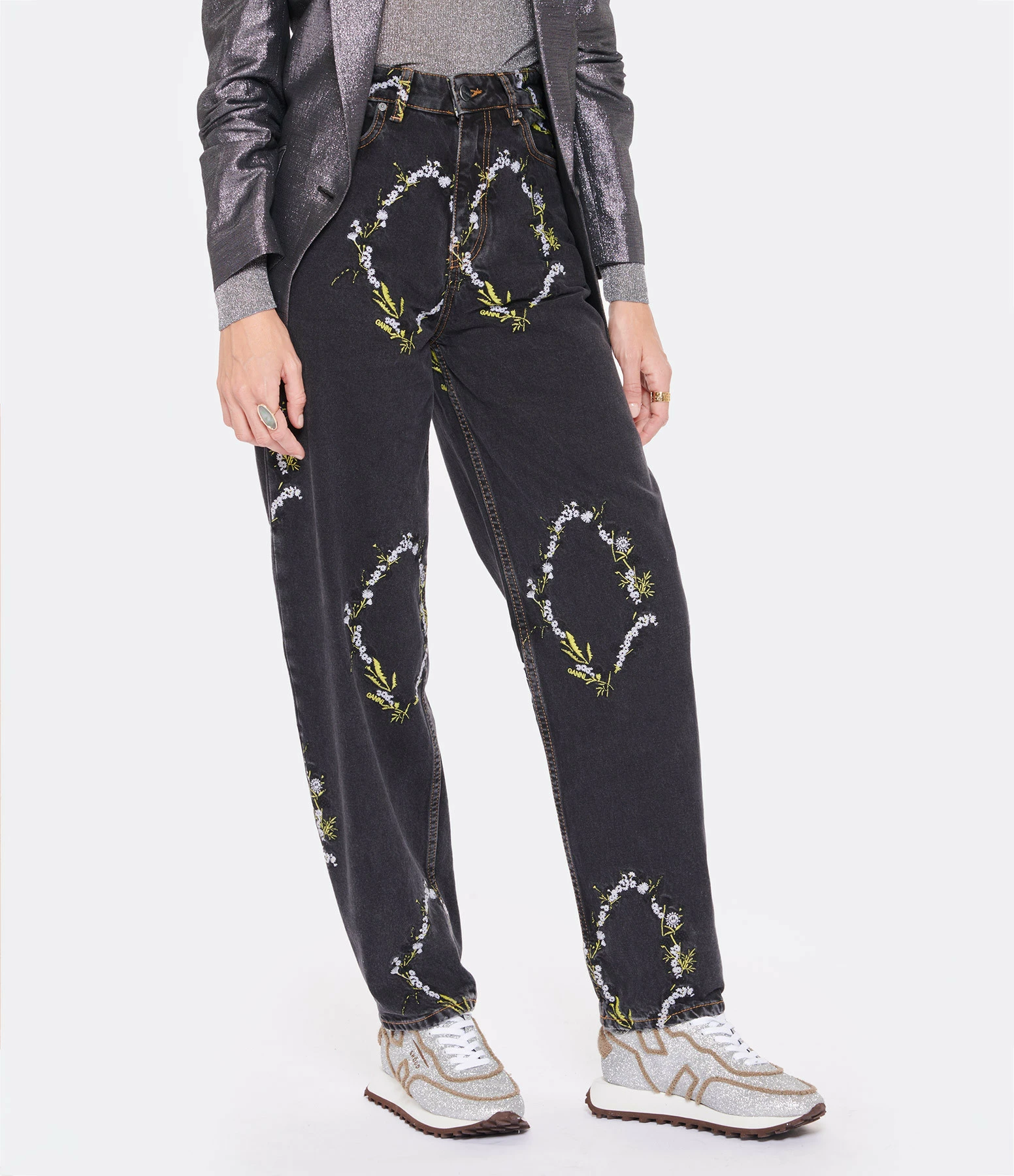 GANNI Pantalon Denim Organique Broderies Noir Délavé 3 GANNI Pantalon Denim Organique Broderies Noir Délavé - Image 3