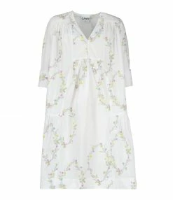 GANNI Robe Popeline Coton Imprimé Blanc