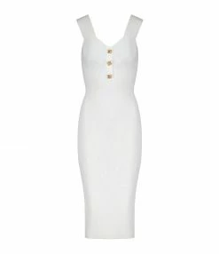 SELF PORTRAIT Robe Midi Maille Côtelée Blanc